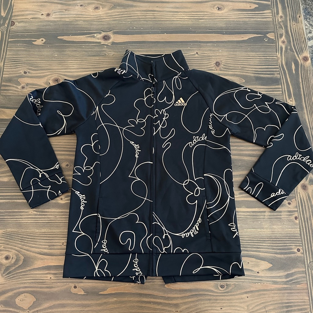 Adidas Girls Track Jacket 14 Black Beige Floral Athleisure Streetwear